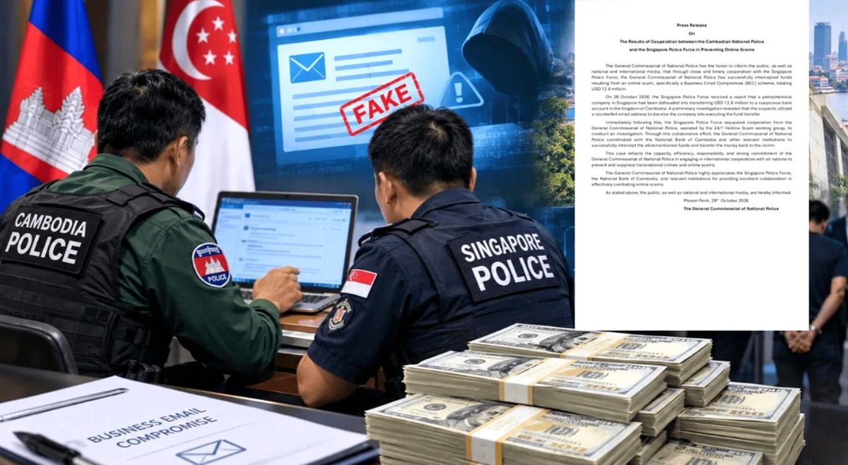 新加坡公司遭邮件诈骗$1280万 汇入柬埔寨后全额追回