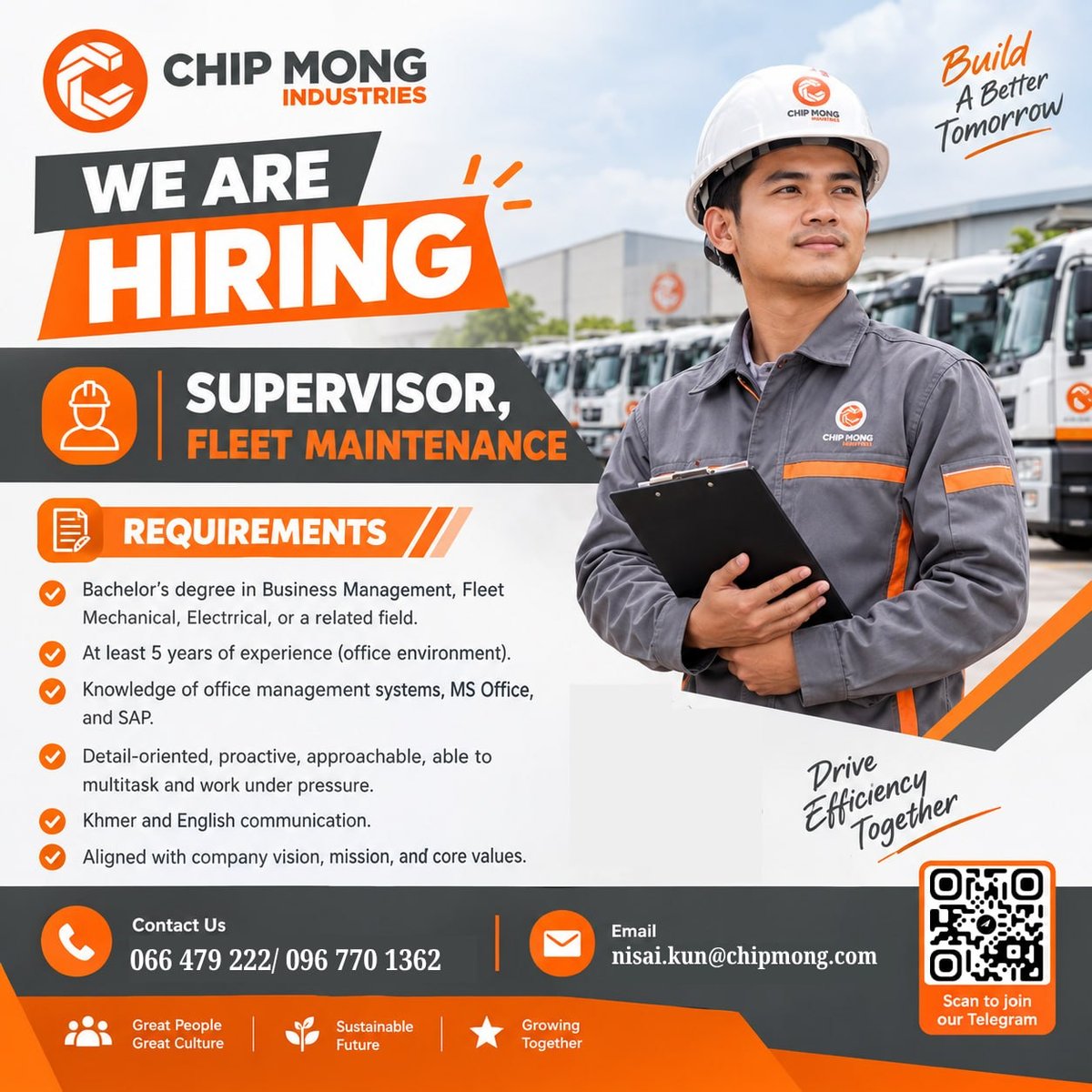Chip Mong集团急招车队维护主管 提供职业发展空间