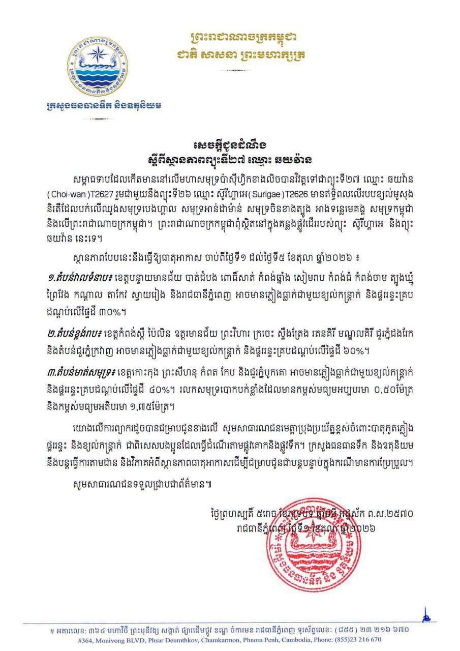 柬埔寨气象部发布第27号台风预警