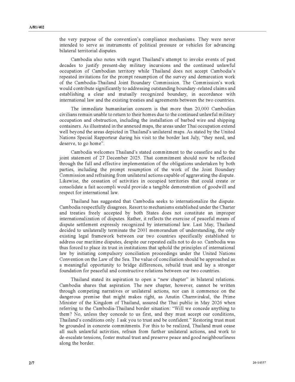柬埔寨向联合国提交边境问题正式信函