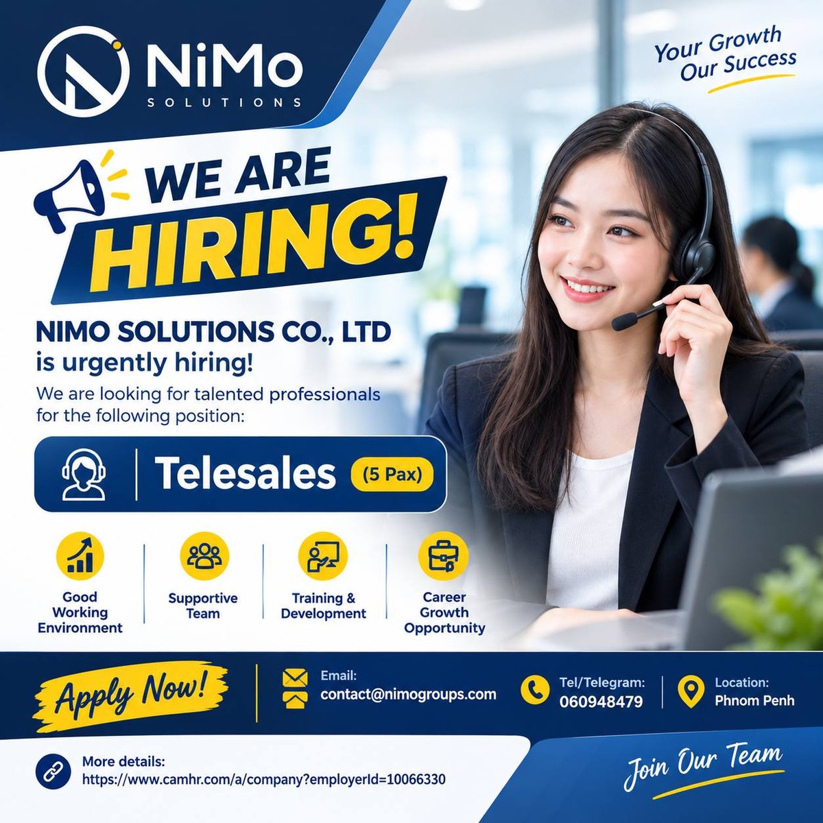 NIMO SOLUTIONS急招电话销售 5名 办公地点金边