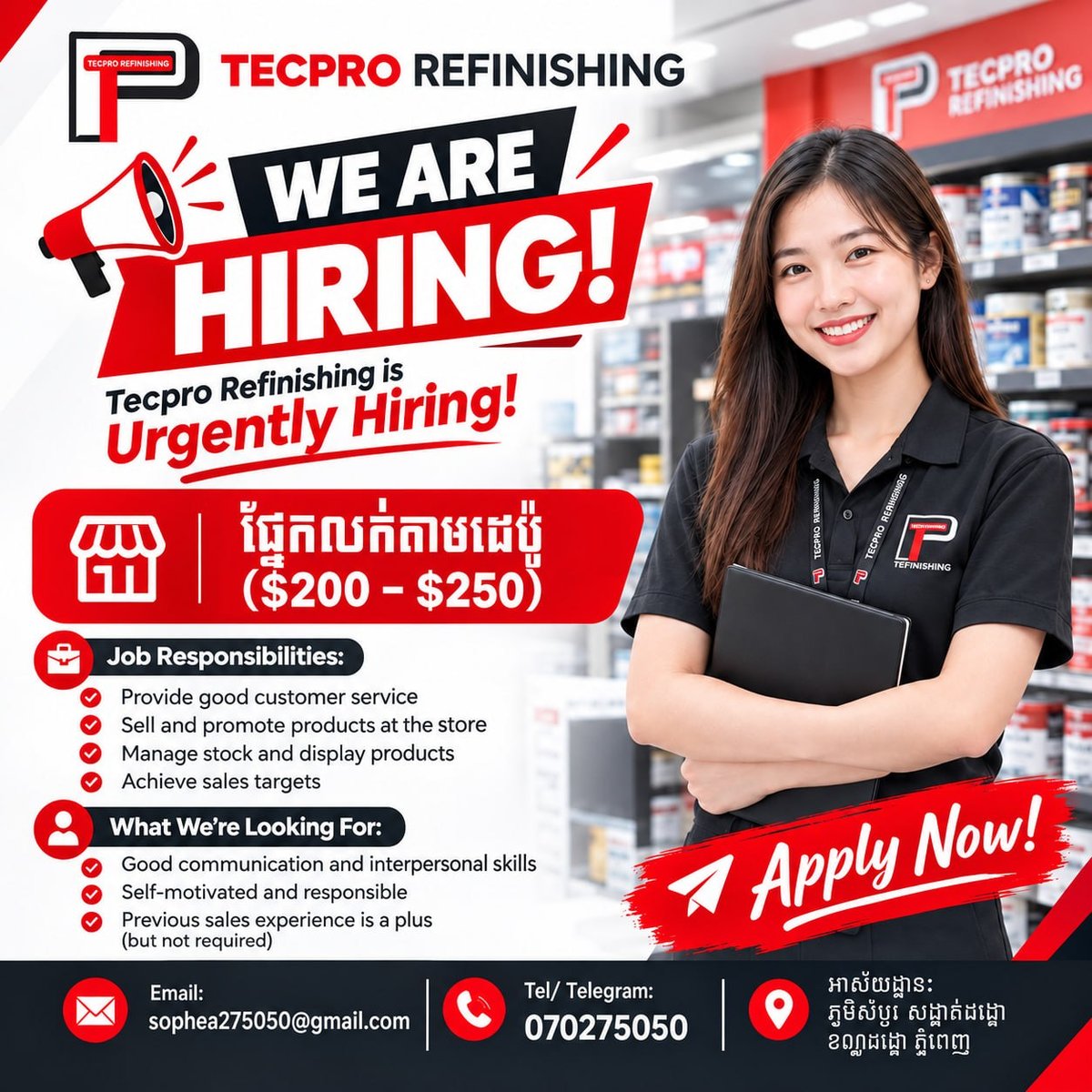 Tecpro Refinishing招销售人员 底薪$200