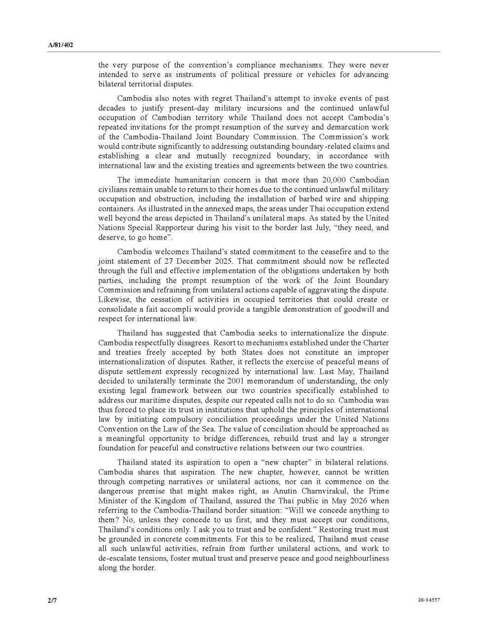 柬埔寨驻联合国代表致函秘书长 阐述边境问题立场
