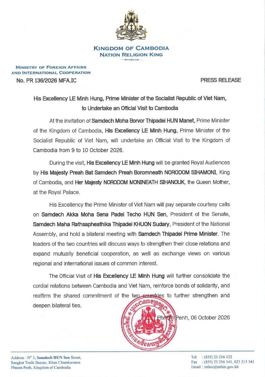 越南总理将于10月9日至10日对柬埔寨进行正式访问