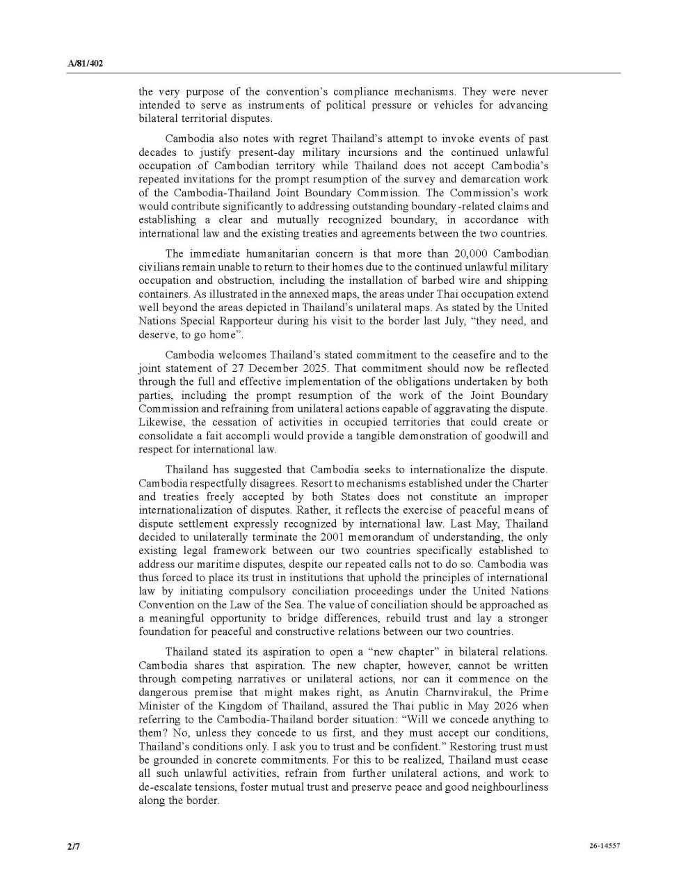 柬埔寨常驻联合国代表致函秘书长阐明边境立场