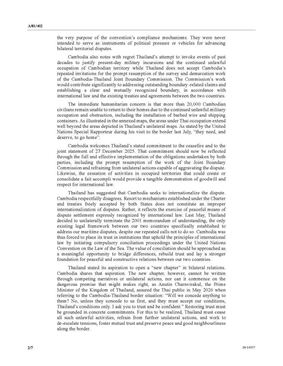 柬埔寨向联合国提交信函 阐明柬泰边境问题立场