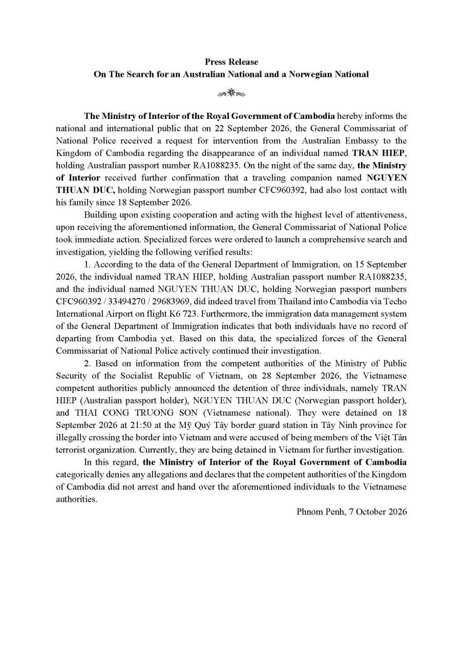 柬埔寨政府发布关于搜寻澳籍及挪威籍人士通告