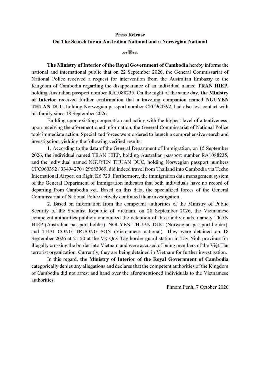 柬埔寨内政部否认逮捕并遣返越南籍人员