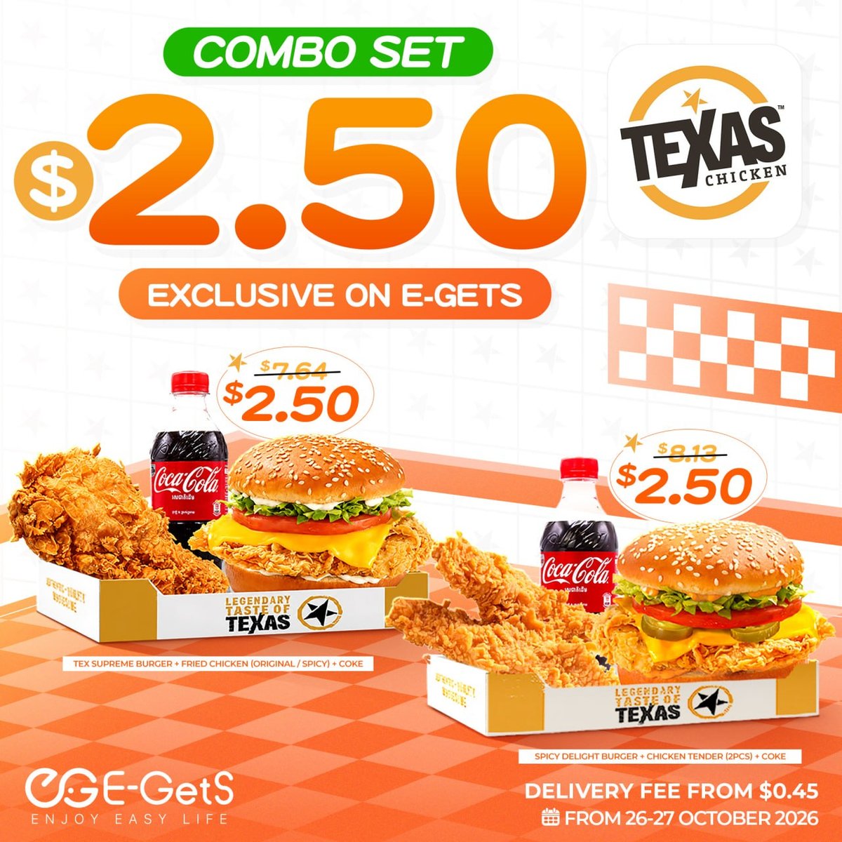 Texas Chicken套餐限时优惠$2.50 E-Get