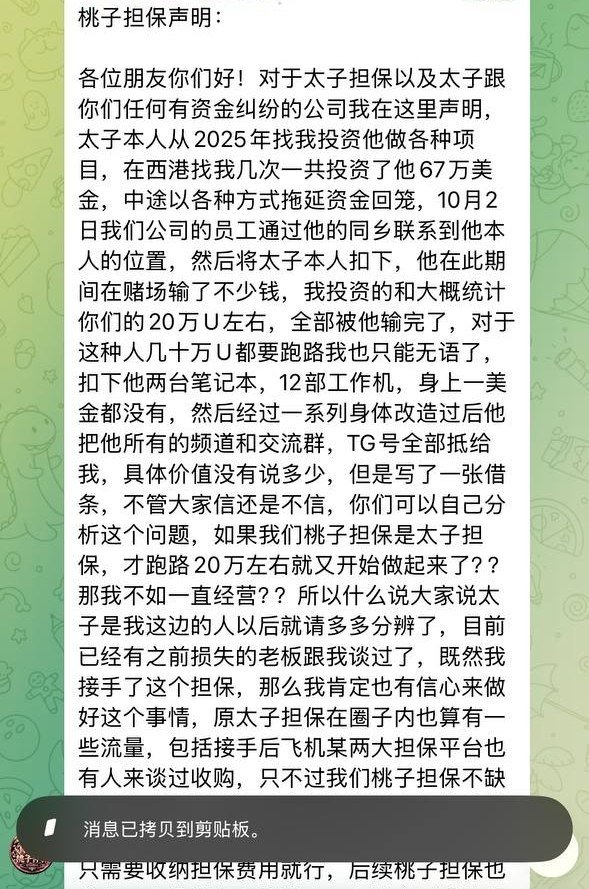 太子担保平台被曝跑路 投资人损失数十万USDT